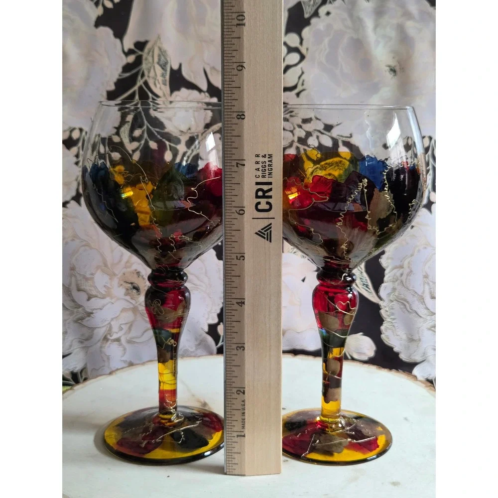 Euroglass‎ Stemware Hand Painted Abstract Wine Glasses Red Blue Yellow Gold Pair